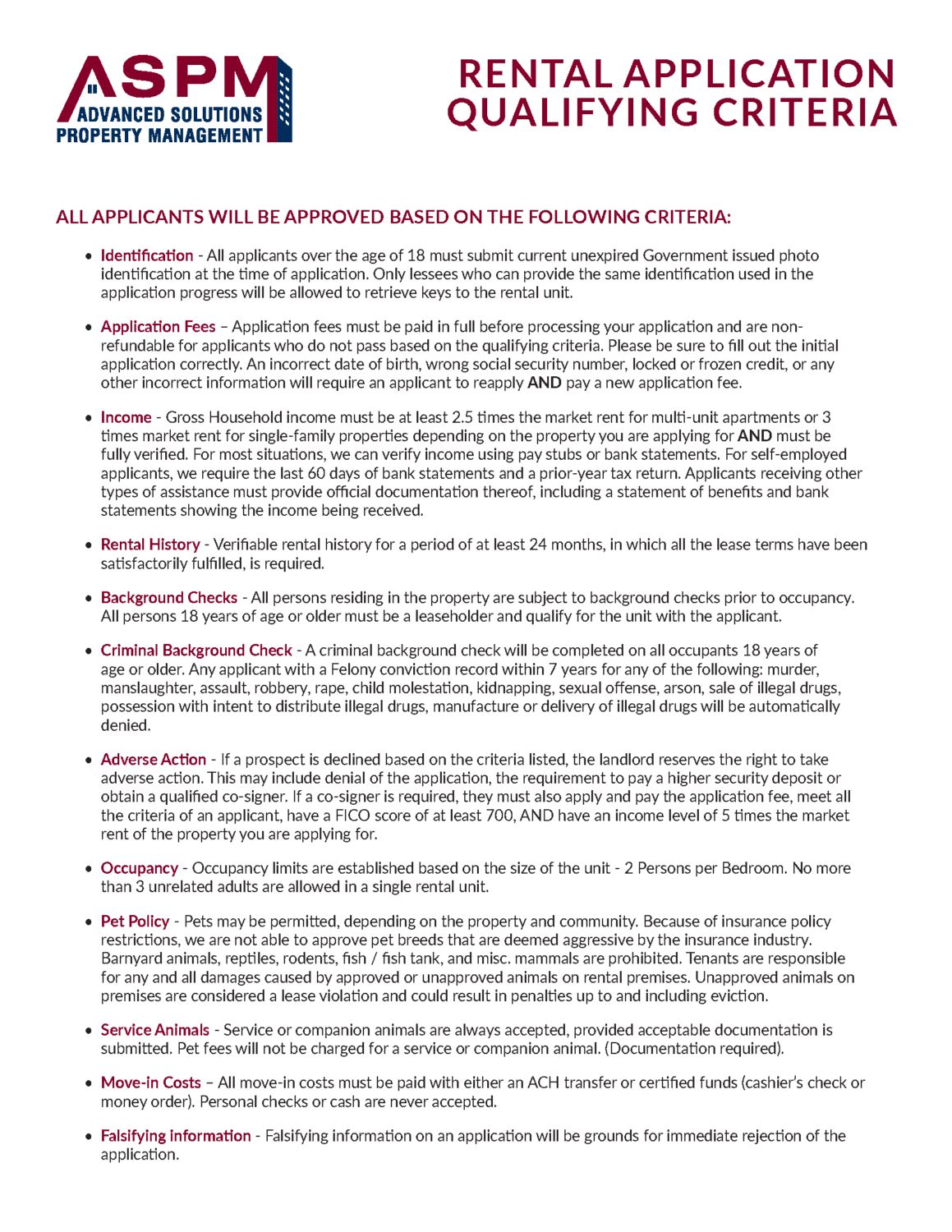 Rental Requirements Advanced Solutions Property Management