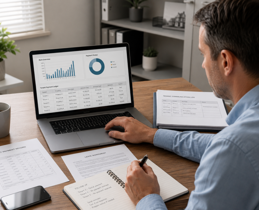 Property manager reviewing rent payment records, tenant communication logs, and lease documents on a laptop.