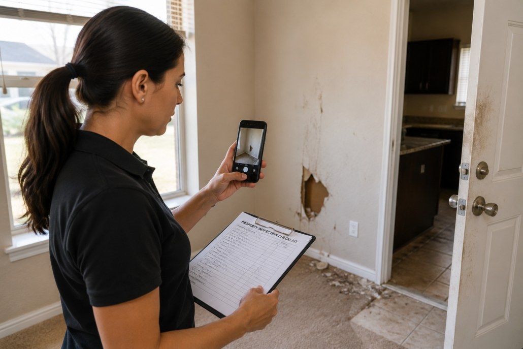 person using a cellphone to take a picture of a hole in the wall