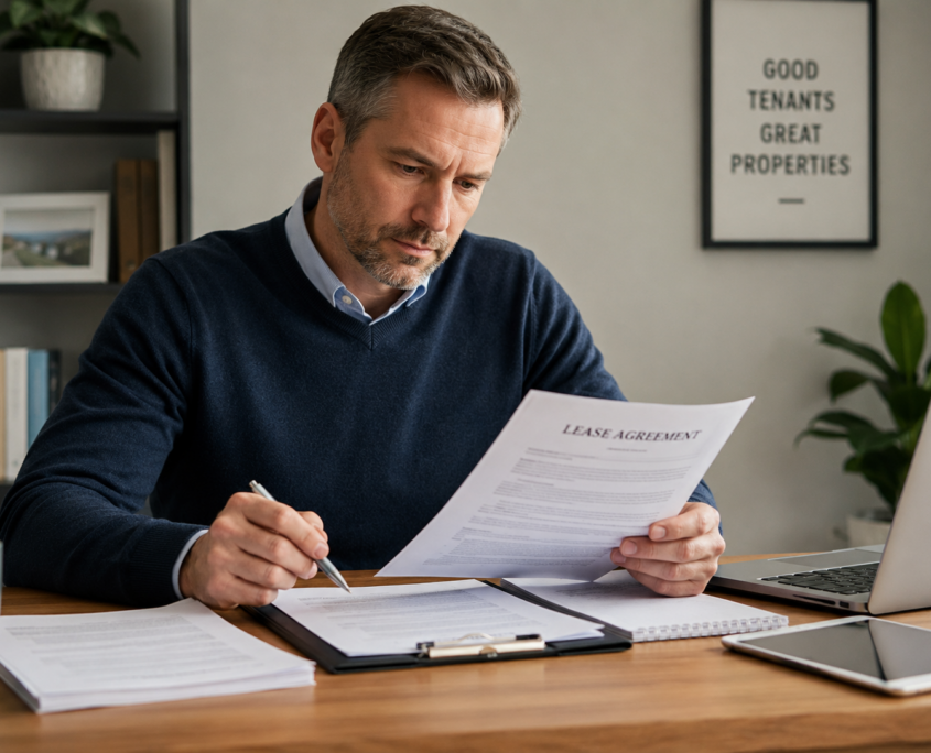 Landlord reviewing a lease agreement at a desk before taking action on a late rent issue.