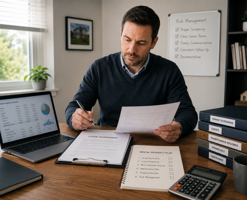 Landlord reviewing a lease agreement at a desk before taking action on a late rent issue.