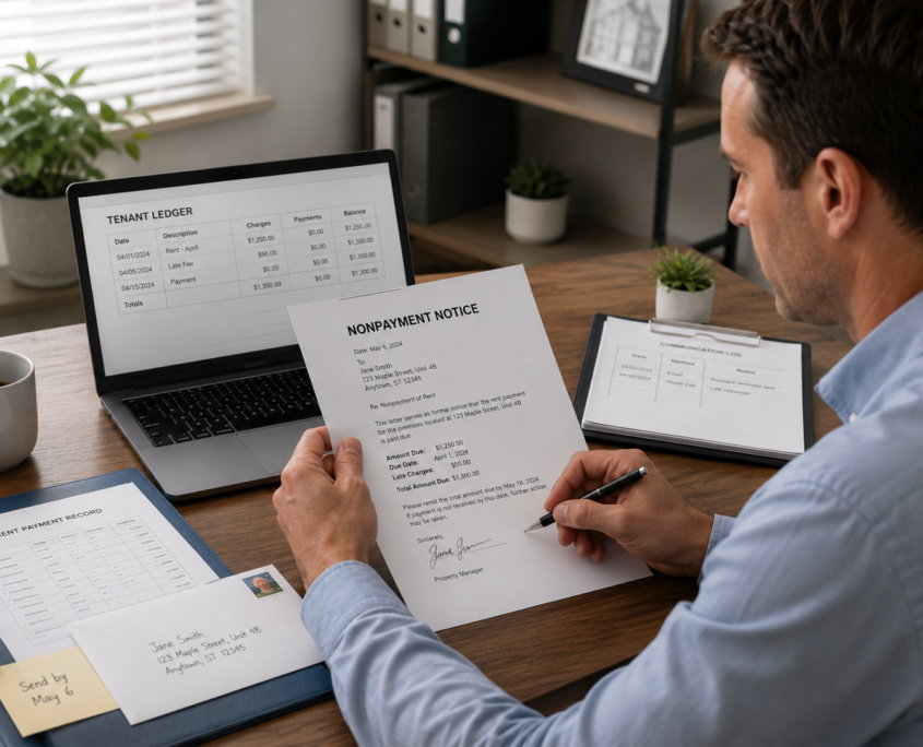 Property manager reviewing a formal nonpayment notice, tenant ledger, rent payment records, and communication log at an office desk.