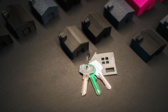 a set of keys next to small house figurines a set of keys next to small house figurines