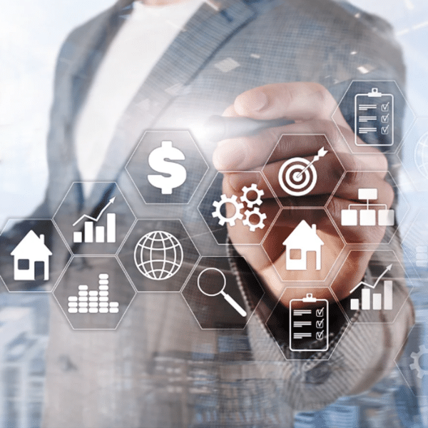 A person in a suit selects a virtual icon among hexagonal financial and business symbols, including a dollar sign, house, chart, and gears, on a transparent interface, representing luxury property management in Salt Lake City. Core residential property management services in Utah